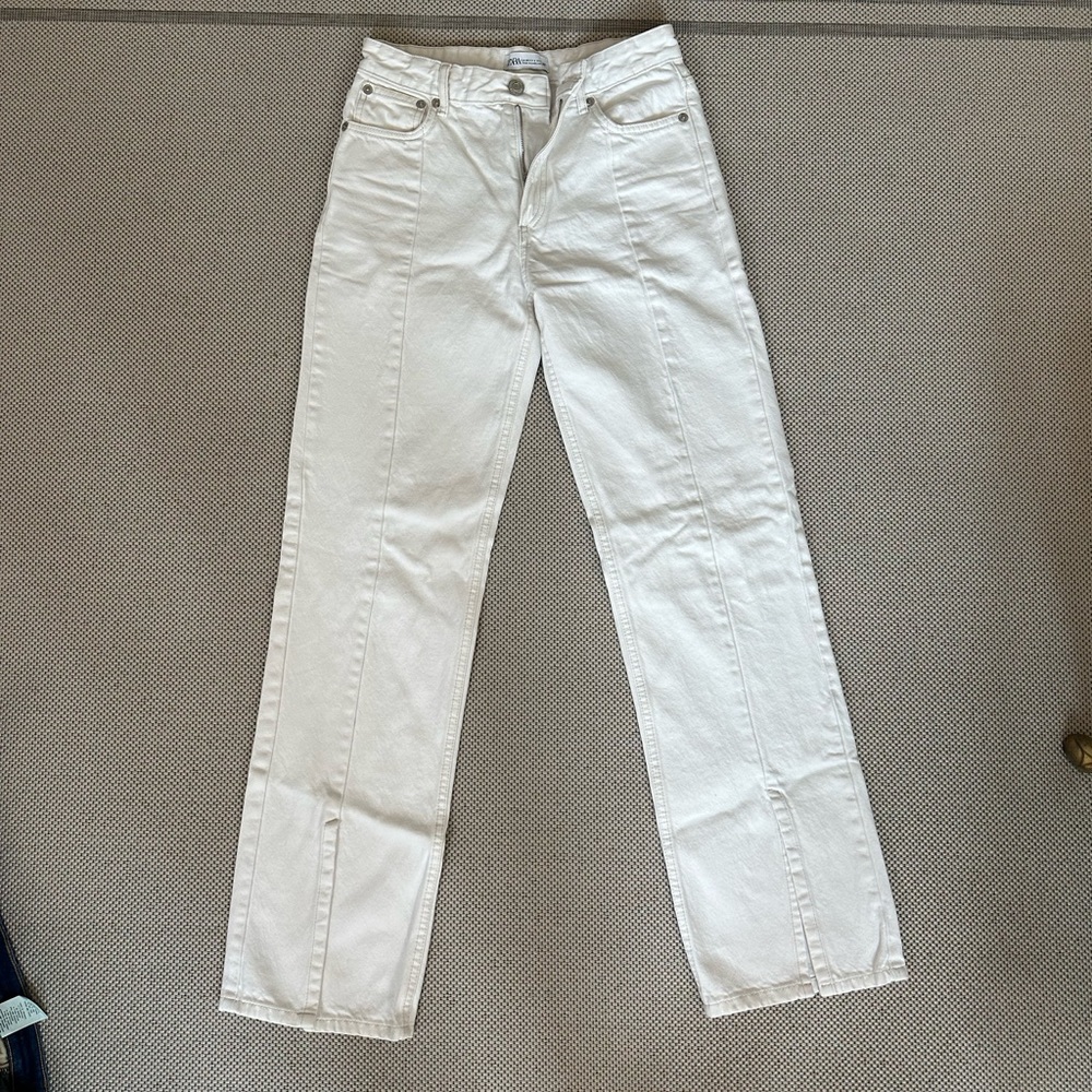 Sara Front Slit White Jeans